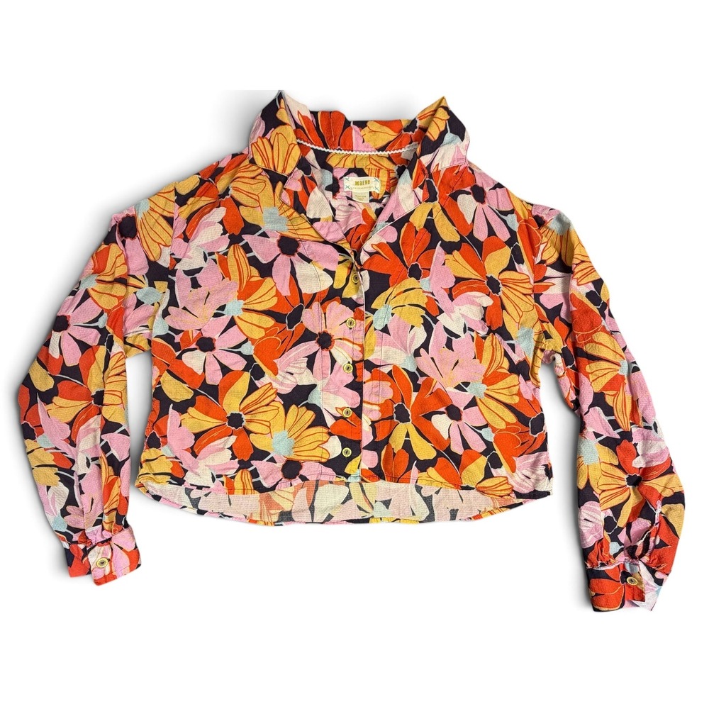 Maeve by Anthropologie Floral Cropped Button Down Top Orange Pink Medium
